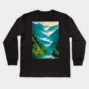 Lake with a Misty Valley In the Background Kids Long Sleeve T-Shirt